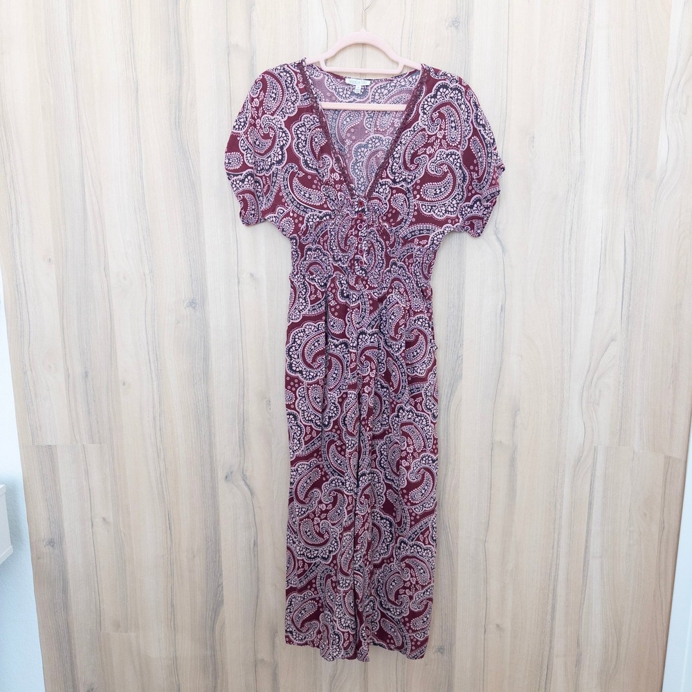 Patrons of Peace Womens Wide Leg Jumpsuit S Burgundy Paisley Smocked Boho Hippie